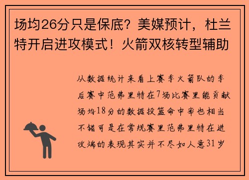 场均26分只是保底？美媒预计，杜兰特开启进攻模式！火箭双核转型辅助